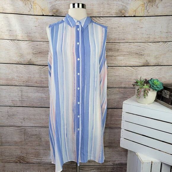 Two by Vince Camuto Pastel Striped Button Down Sleeveless Duster Cover Up Large - Picture 1 of 7